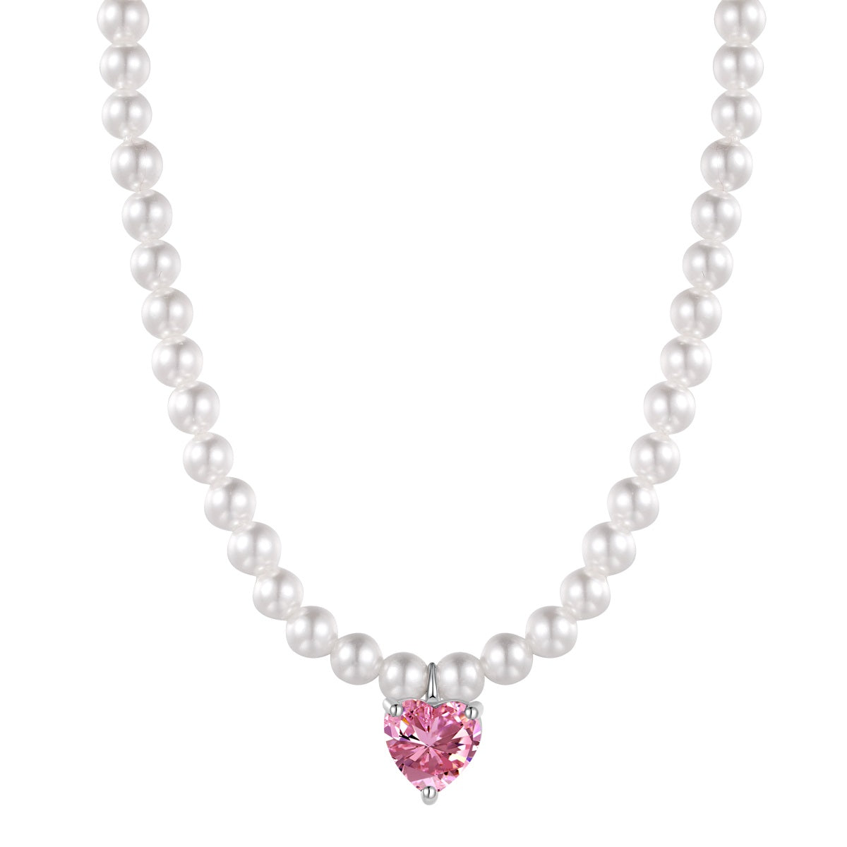 Collar Perlas blancas con dije Zirconia corazón rosa
