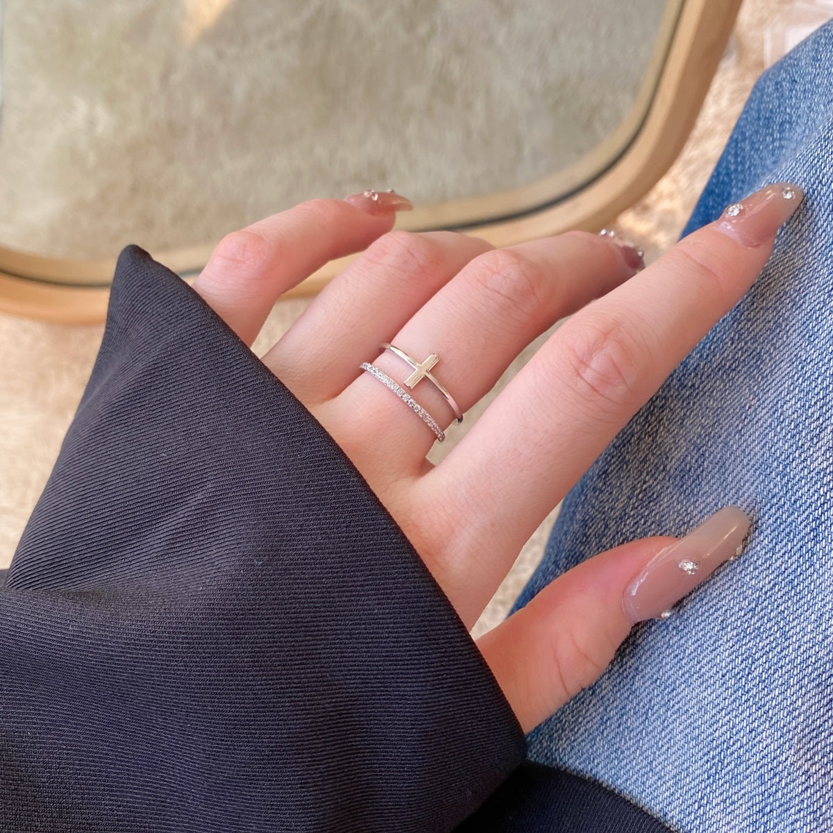 Anillo plata doble cruz + linea con zirconias blancas