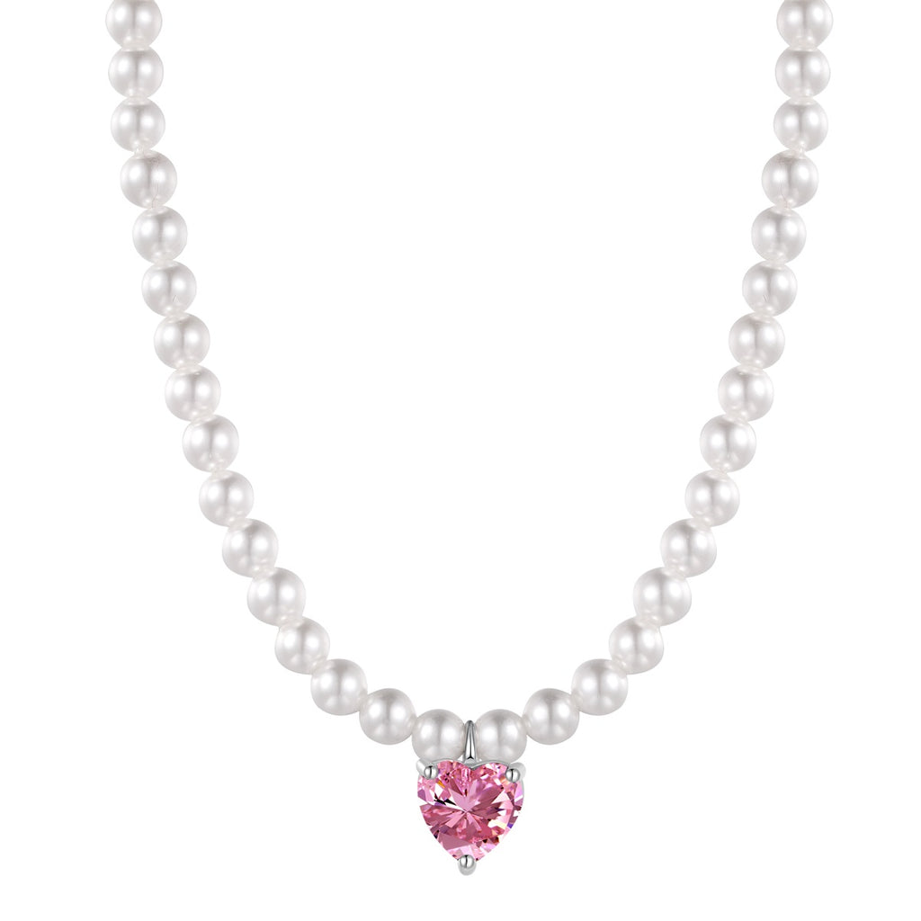Collar Perlas blancas con dije Zirconia corazón rosa