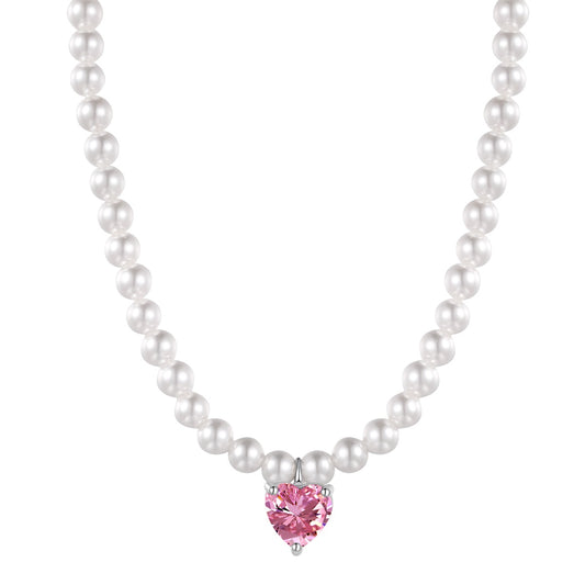 Collar Perlas blancas con dije Zirconia corazón rosa
