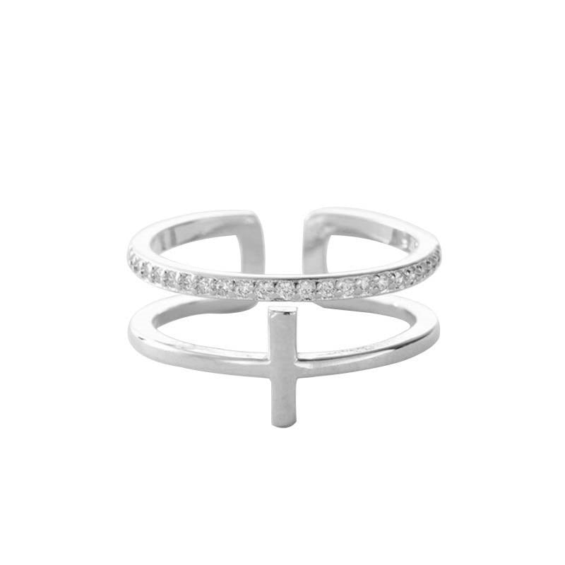 Anillo plata doble cruz + linea con zirconias blancas