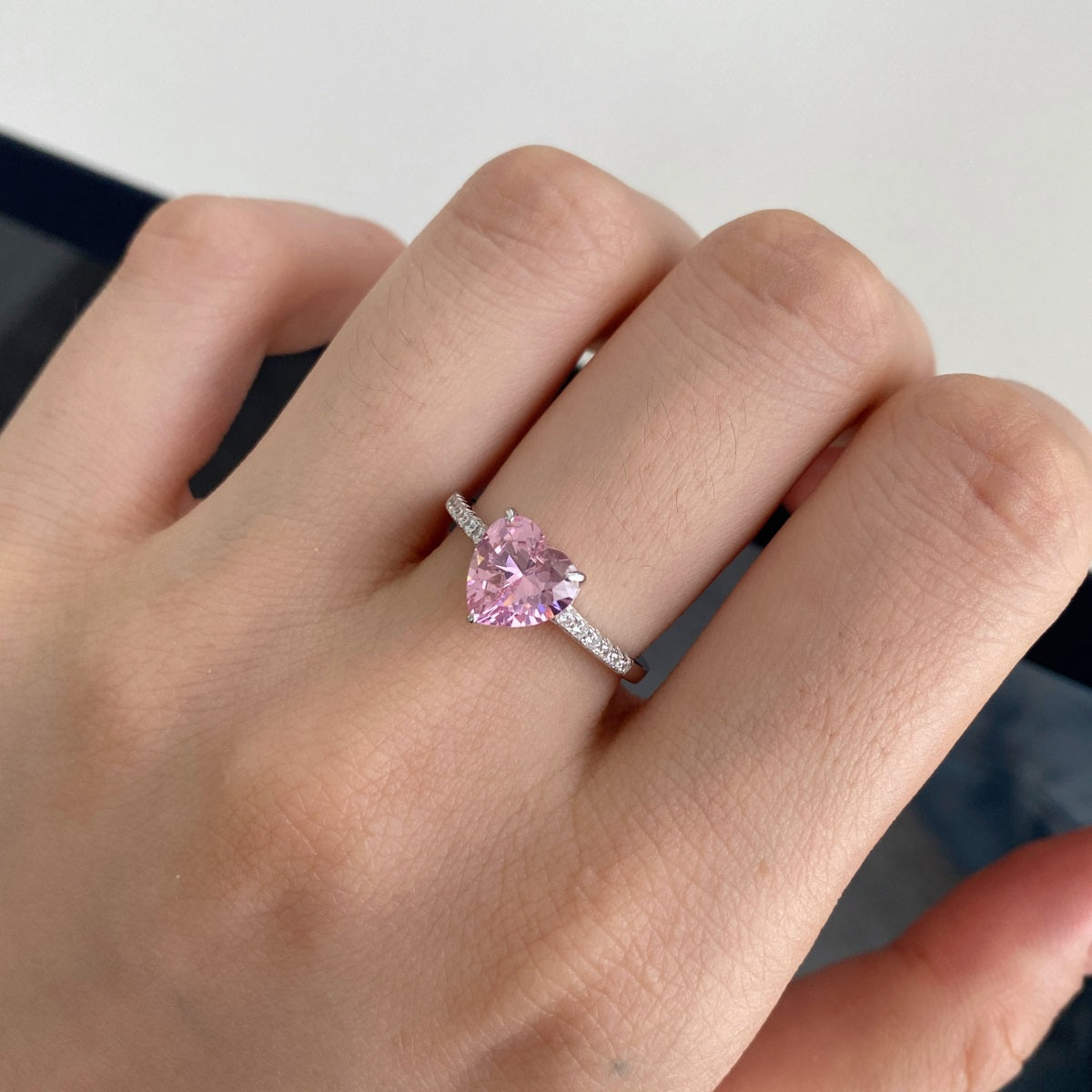 Anillo plata zirconia corazón rosa