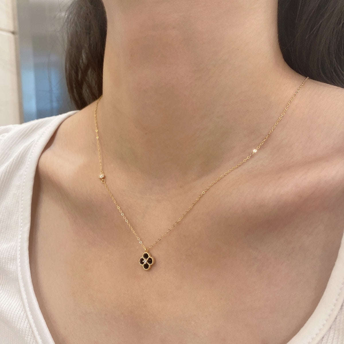 Cadena baño Oro rosa dije Trebol Onix negro