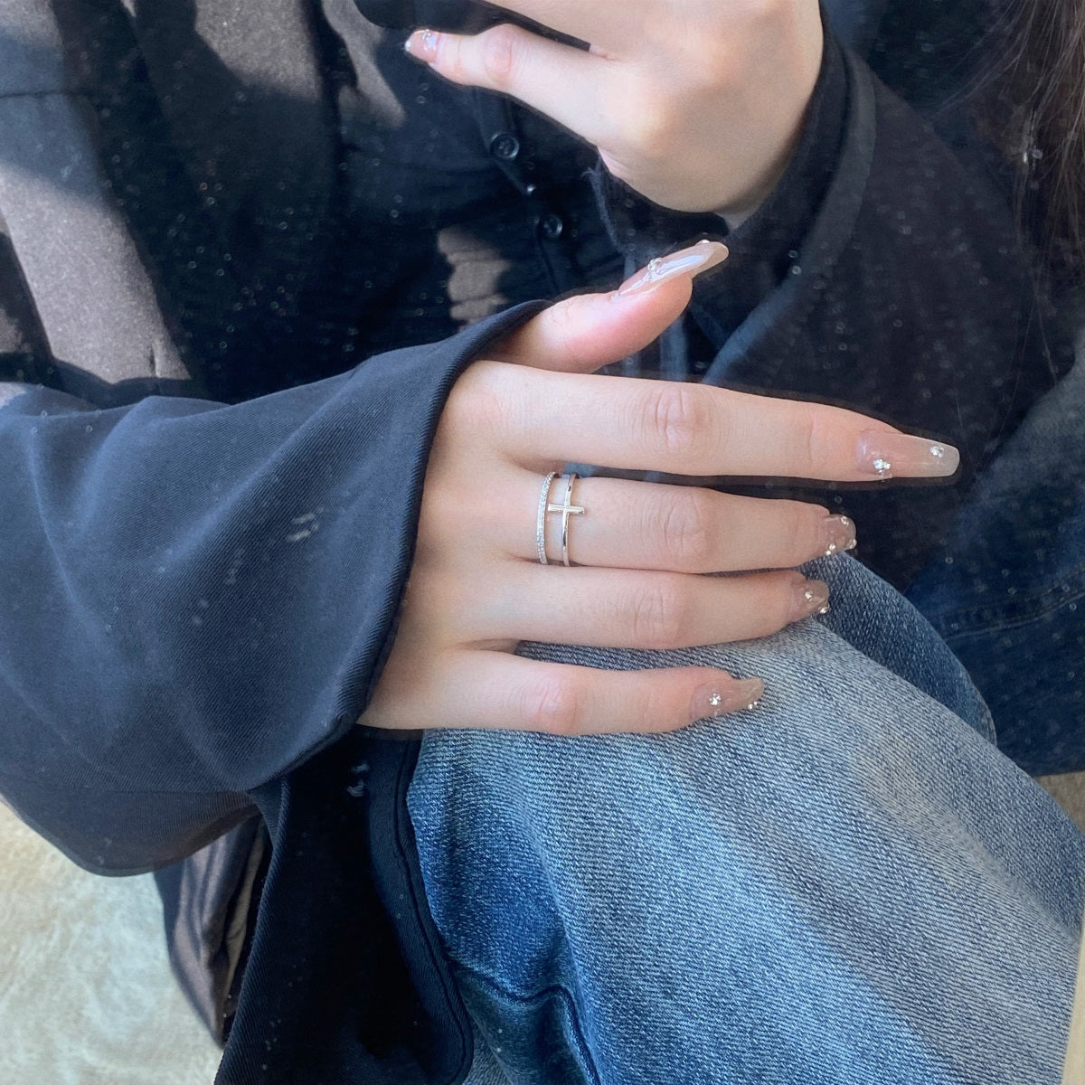 Anillo plata doble cruz + linea con zirconias blancas