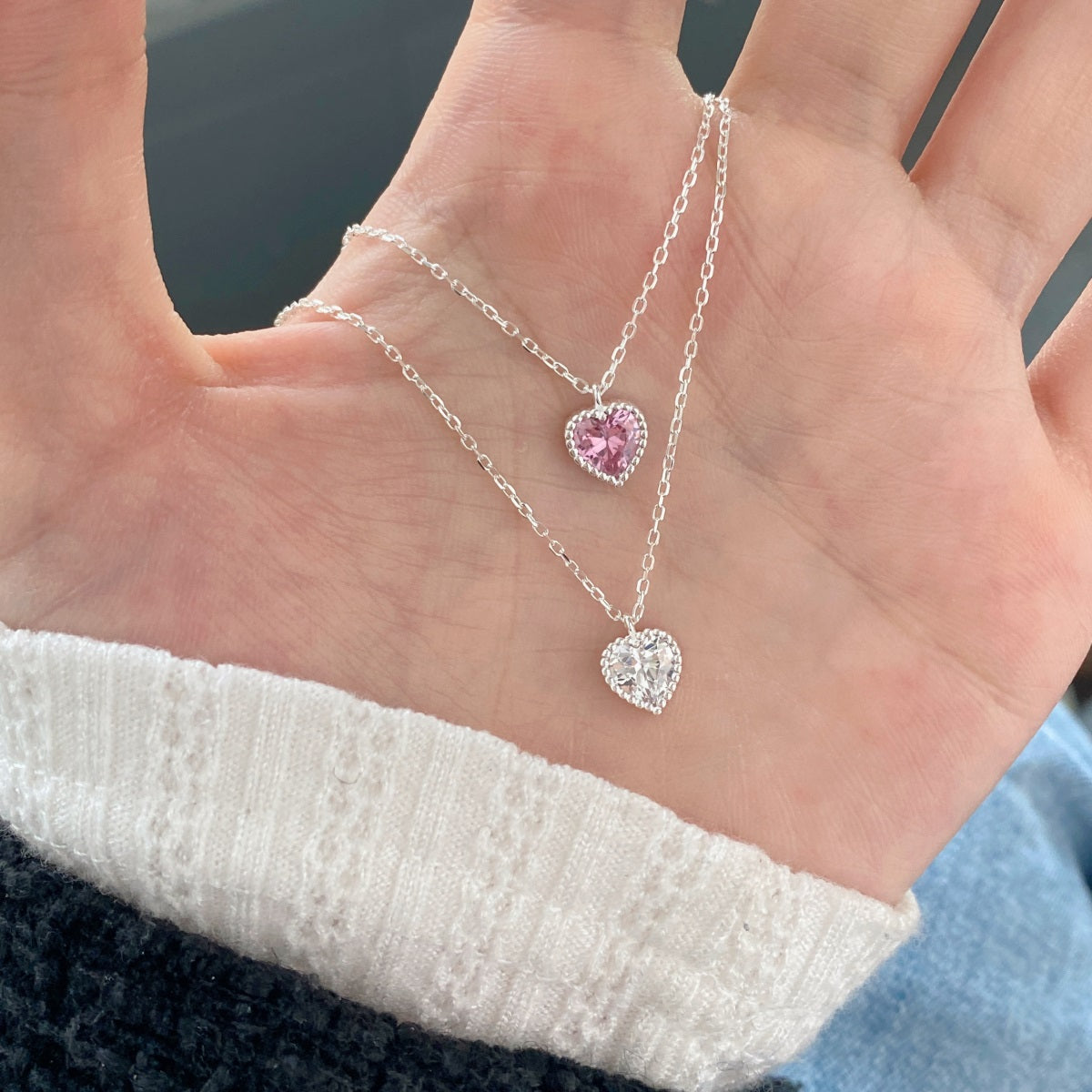 Cadena Plata con dije zirconia corazón blanca