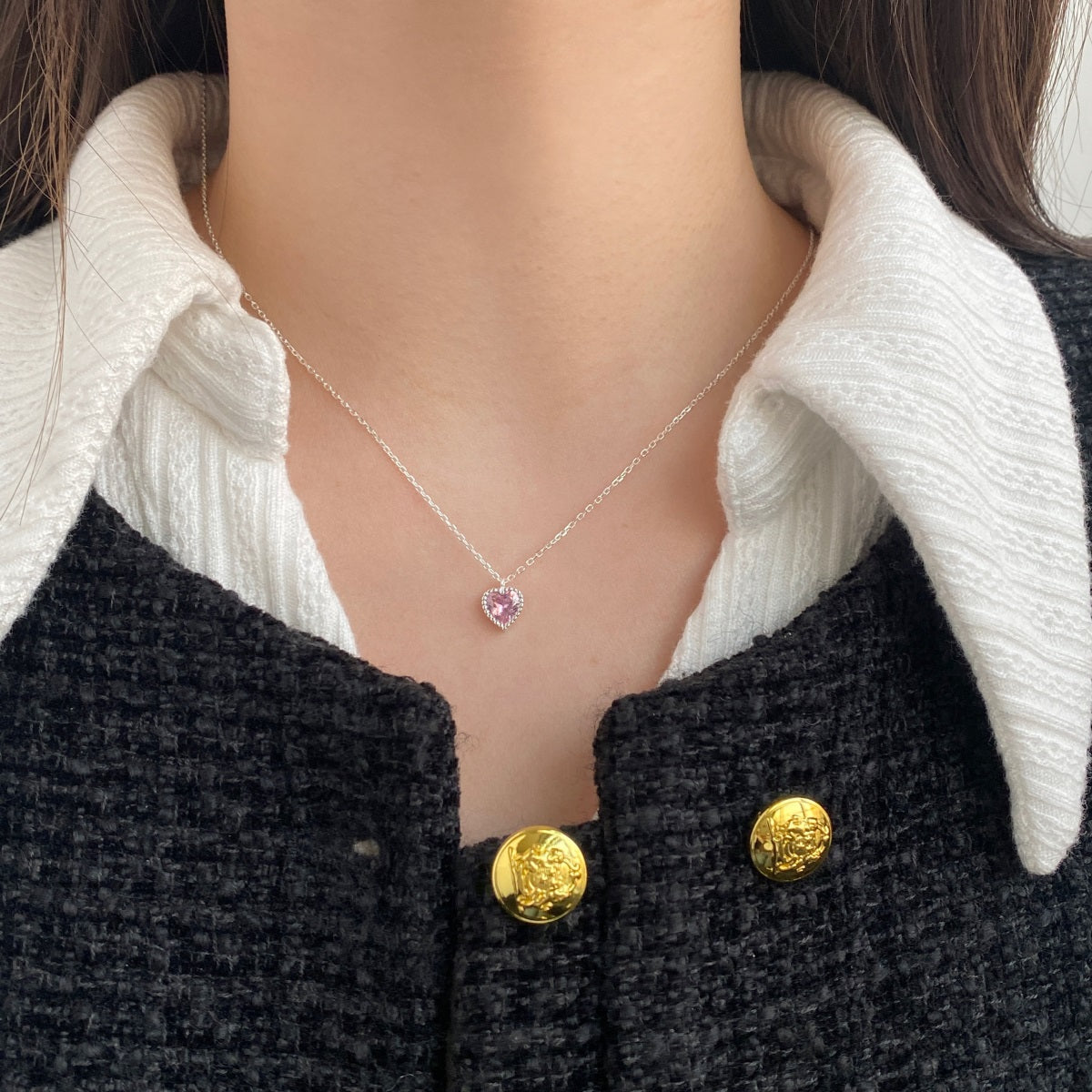 Cadena Plata con dije Zirconia corazón rosa