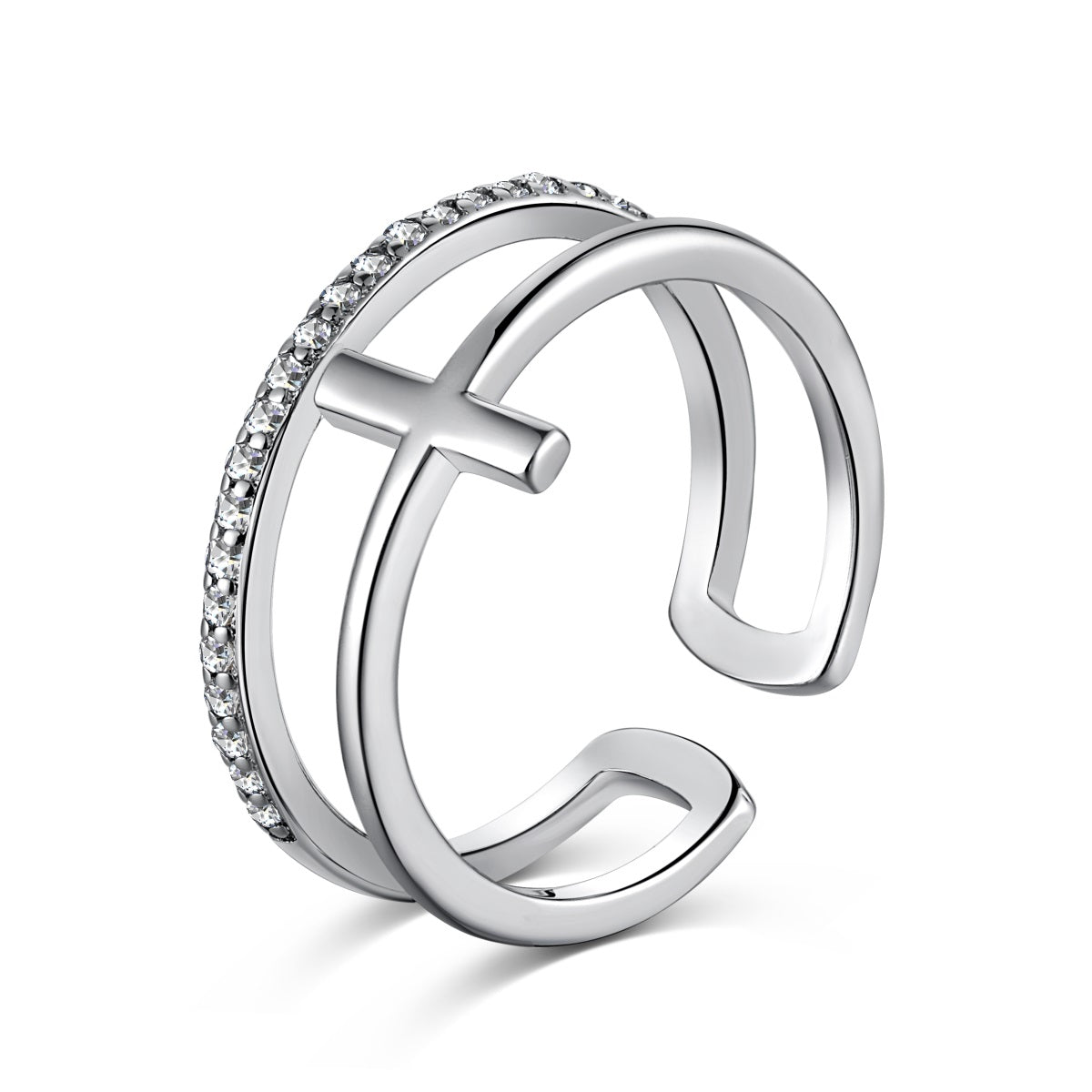 Anillo plata doble cruz + linea con zirconias blancas